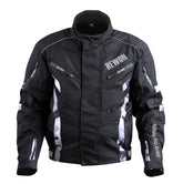 Schwarze zweiteilige Motorradjacke aus Cordura, strapazierfähiges Textilgewebe für Motorsport und Fitnessboxen, stilvolles Design.